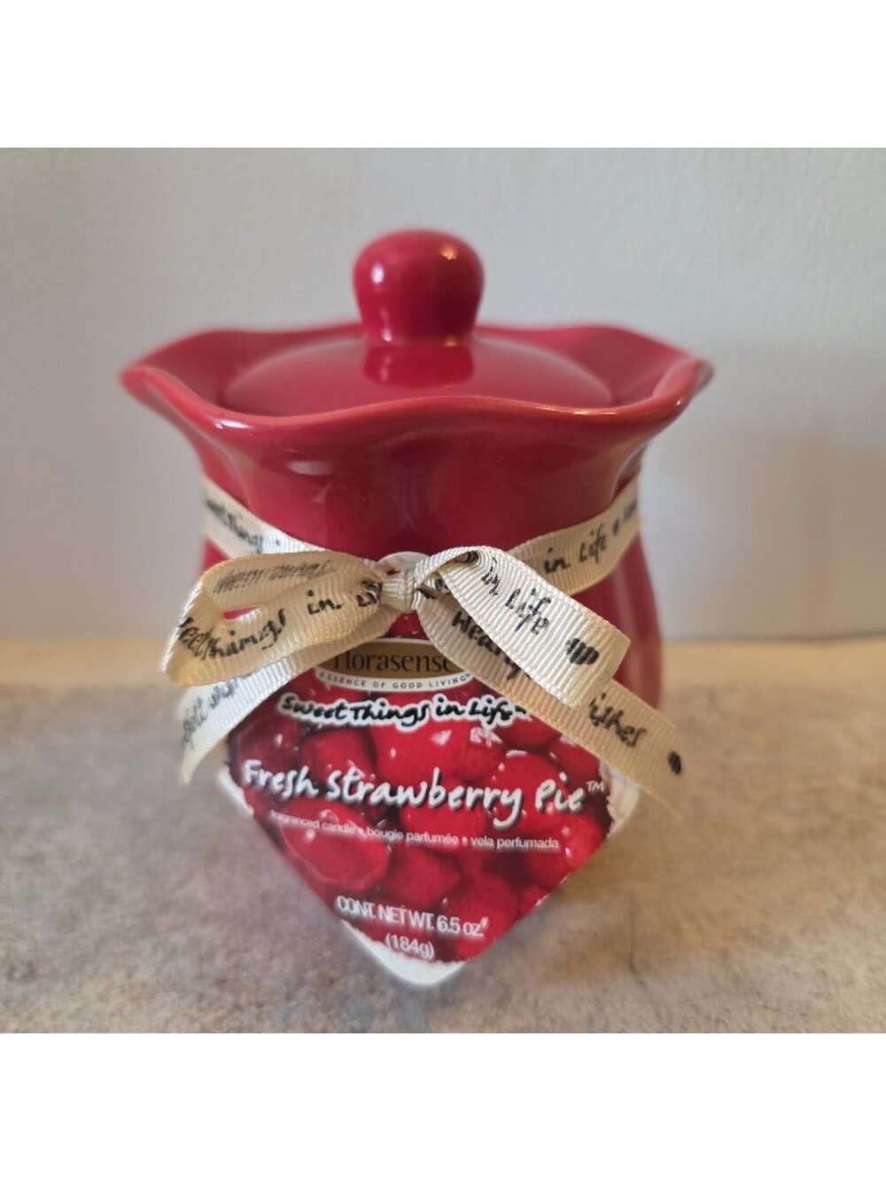 Fresh Strawberry Pie Candle Scented Florasense 6.5 oz RedJar with Lid 4.25" Tall